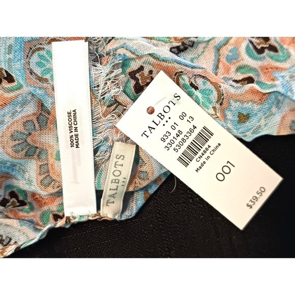 TALBOTS NWT Blue/Pink Geometric Print Lightweight Viscose Oblong Scarf w/Raw Hem - Picture 2 of 4